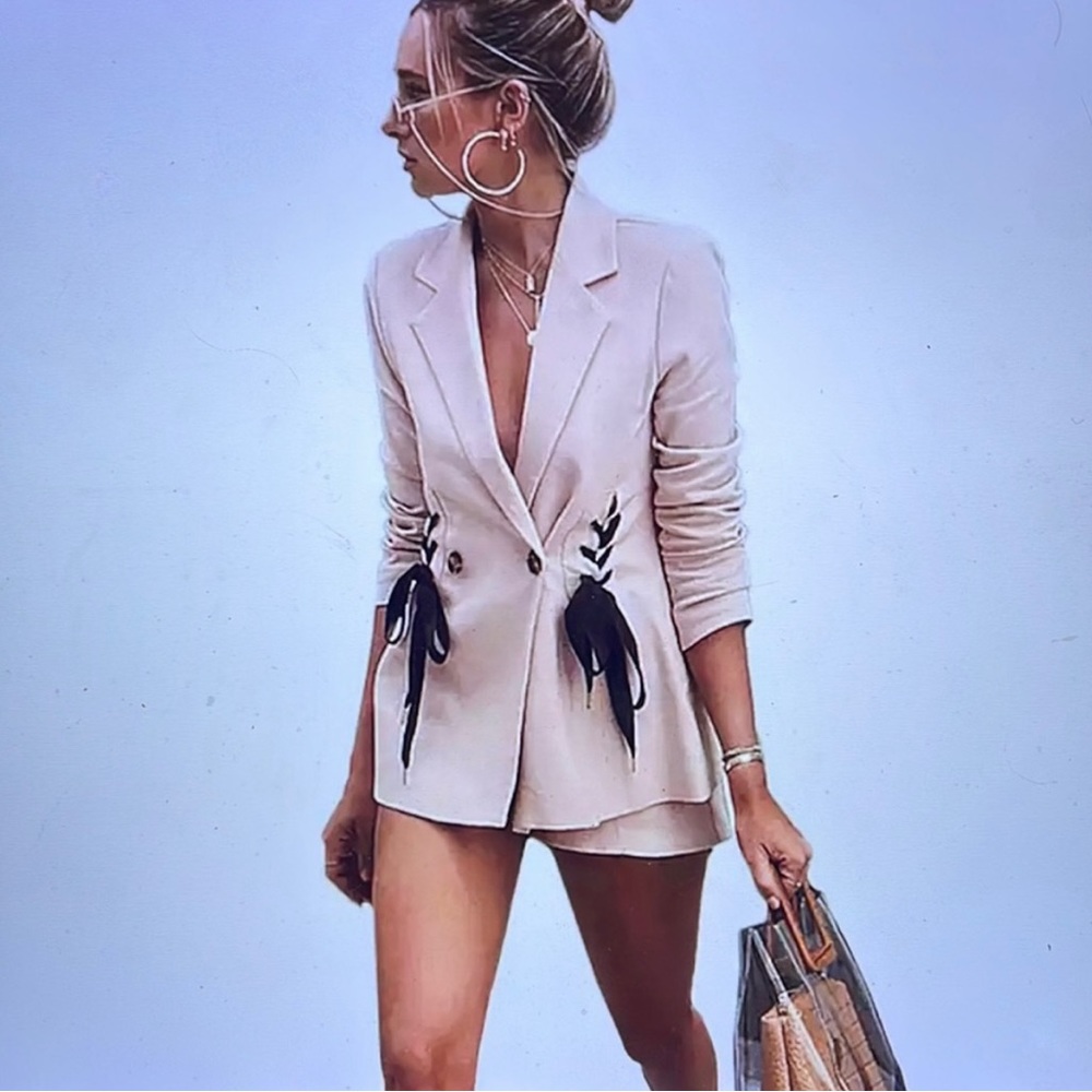 STORETS Lace Up ream Double Breasted Blazer